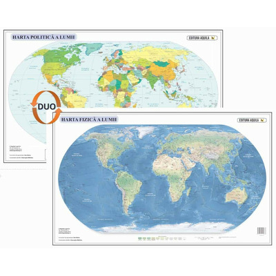 Harta fizica si administrativa a lumii, laminata (fata-verso), dimensiuni 120 x 160 cm
