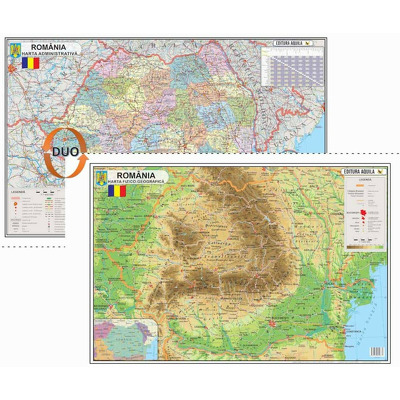 Harta fizica si administrativa a Romaniei, laminata (fata-verso), dimensiuni 120 x 160 cm