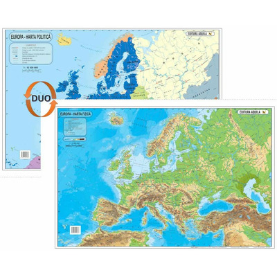 Harta fizica si administrativa Europa, laminata (fata-verso), dimensiuni 50 x 70 cm