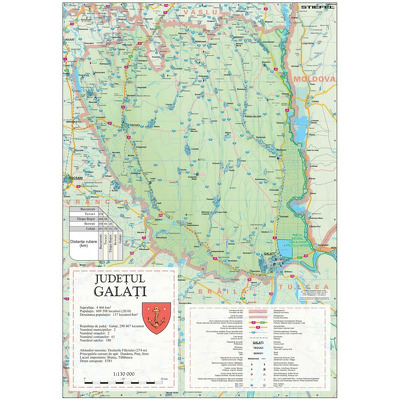 Harta judetului Galati. Dimensiune 140x200cm, cu sipci din lemn