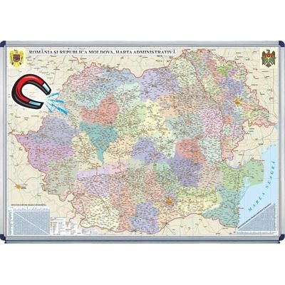 Harta magnetica pe suport rigid administrativa, Romania si Republica Moldova. Dimensiuni 700x500 mm