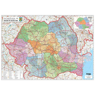 Harta regiunilor de dezvoltare din Romania. Dimensiune 160x120cm, cu sipci din lemn