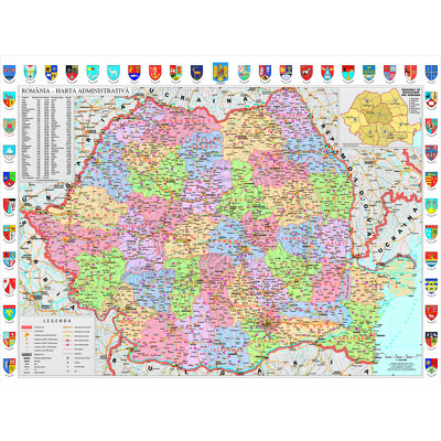 Harta Romania administrativa cu stemele judetelor. Dimensiune 140x100cm, cu sipci din lemn