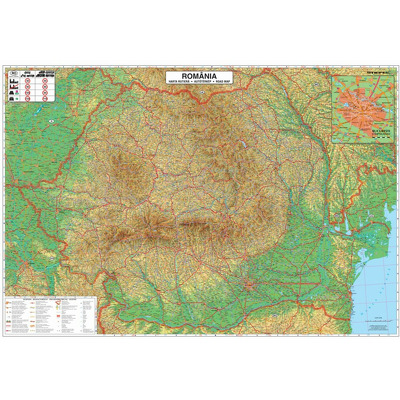 Harta Romania Rutiera-Administrativa-Geografica. Dimensiune 140x100cm, cu spici din lemn