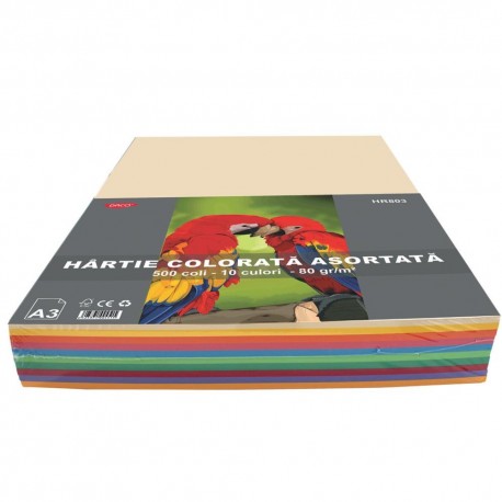 Hartie colorata 10 culori A3, 500 coli 80g/mp, Daco
