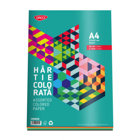 Hartie colorata 5 culori A4, 50 coli 80g/mp, Daco