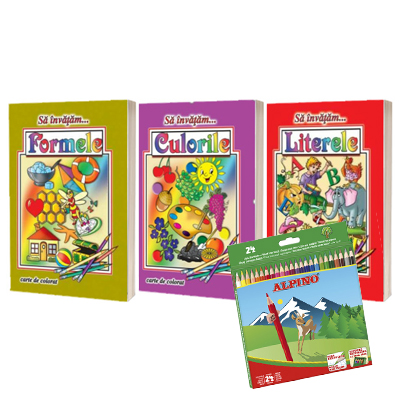 Idee cadou. Carti de colorat din colectia SA INVATAM si Creioane colorate, cutie carton, 24 culori/set, Alpino