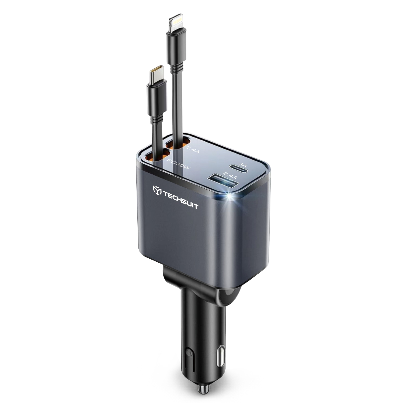 Incarcator auto Techsuit NanoVoltX C1 - premium, cabluri retractabile USB-C & Lightning, PD 30W, 69W total, USB 2.4A, Gri