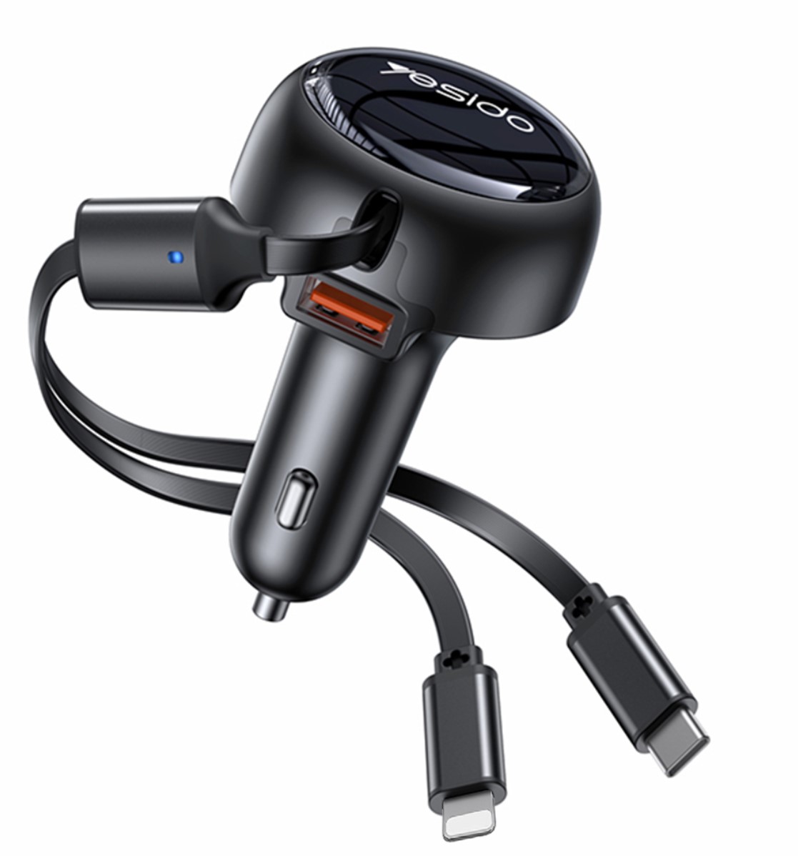 Incarcator auto Yesido Y61, 53W, 2 cabluri retractabile Type-C si Lightning, USB-A, incarcare rapida, negru