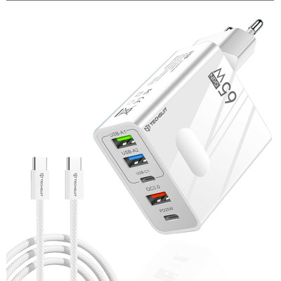 Incarcator retea Techsuit PentaXPower CHC1, 65W GaN, 3x USB + 2x USB-C PD 25W, cablu inclus 1m, alb