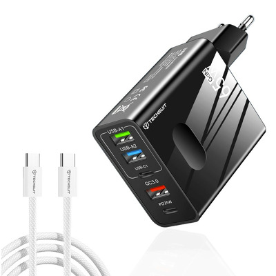 Incarcator retea Techsuit PentaXPower CHC1, 65W GaN, 3x USB + 2x USB-C PD 25W, cablu Type-C inclus 1m, negru