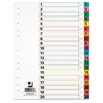 Index carton alb Mylar numeric 1-20, margine PP color, A4, 170g/mp, Q-Connect