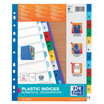 Index plastic color numeric 1-12, A4 XL, 120 microni