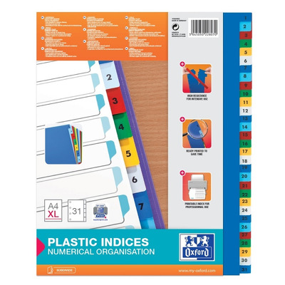 Index plastic color numeric 1-31, A4 XL, 120 microni