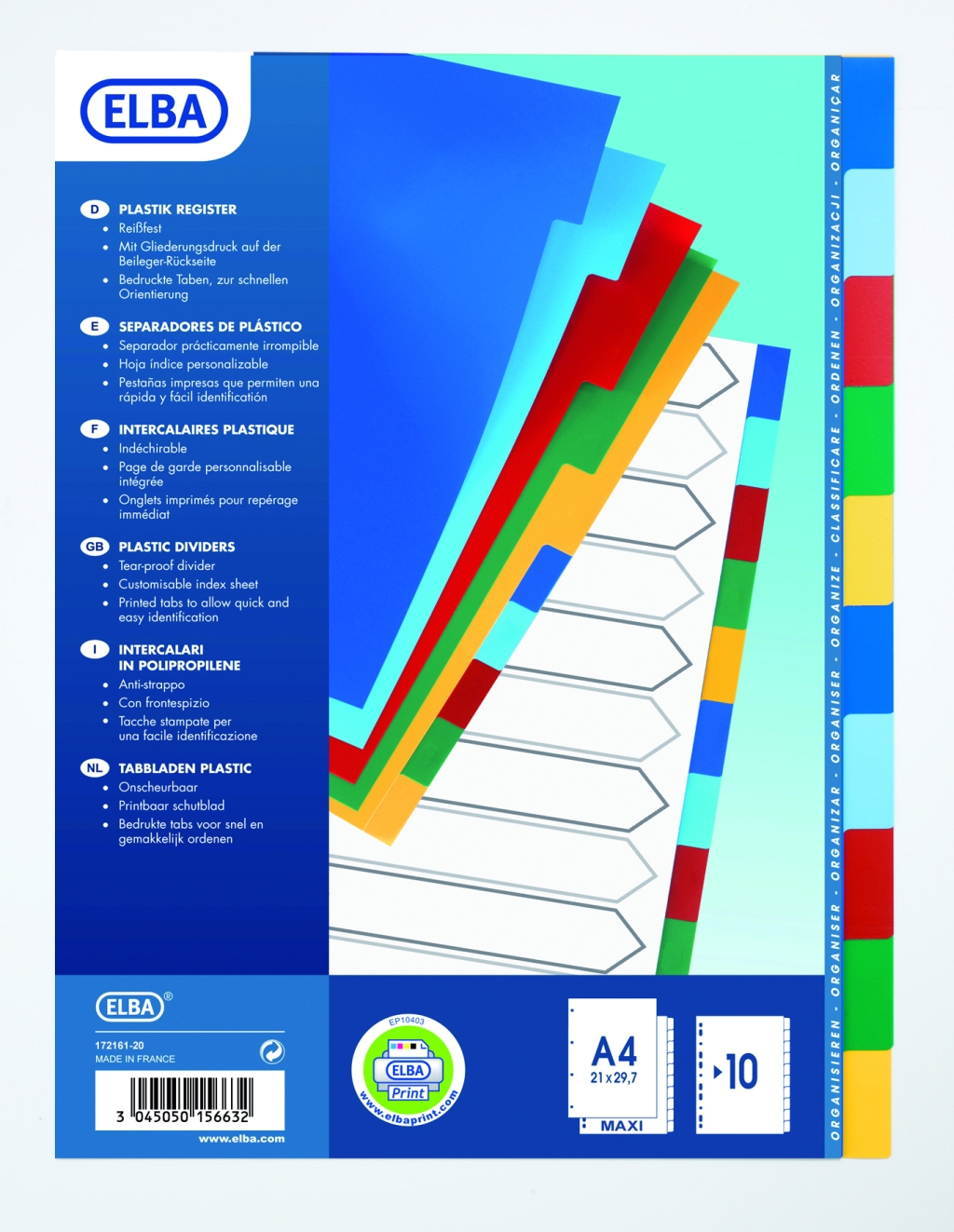 Separatoare plastic color, A4 XL, 120 microni, 10 culori/set, ELBA