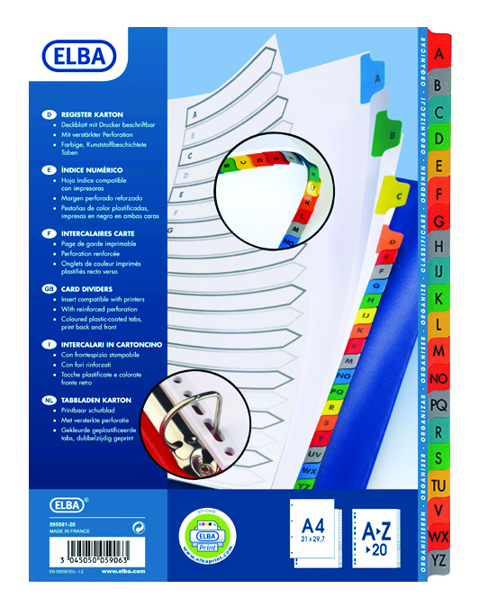 Index plastic color alfabetic A-Z, A4 XL, 120 microni, Elba