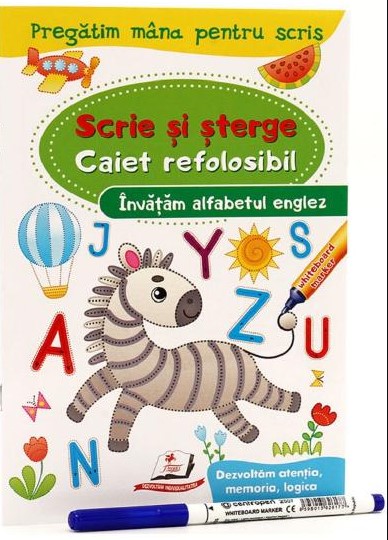 Invatam alfabetul englez. Caiet refolosibil cu whiteboard marker - scrie si sterge