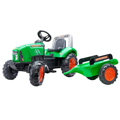 Jucarie tractor cu pedale verde Supercharger cu capota cu deschidere si remorca