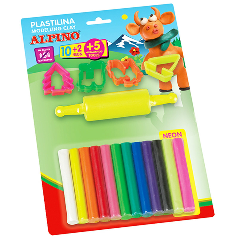 Kit 10  2 culori x 17gr plastilina   4 forme modelaj   roller, in blister, Alpino