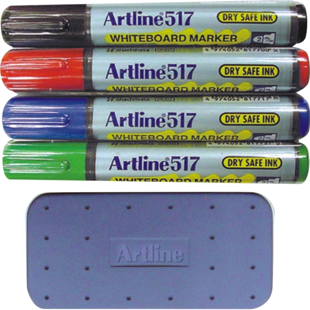Kit markere tabla de scris burete magnetic, Artline 517 - Dry safe ink, varf rotund 2.0mm, 4 cul/set