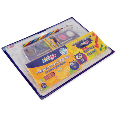 Kit scolar 4 piese compus din cutie acuarele si pensula, cutie plastilina 12 culori, creion multicolor, cutie creioane cerate 12 culori