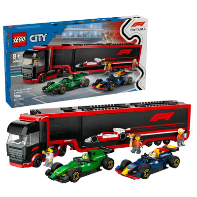 LEGO. Camion F1 cu masinile F1 RB20 si AMR24 – cursa si colectie