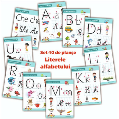 Literele alfabetului - set 40 de planse didactice pentru clasa pregatitoare si pentru clasa I