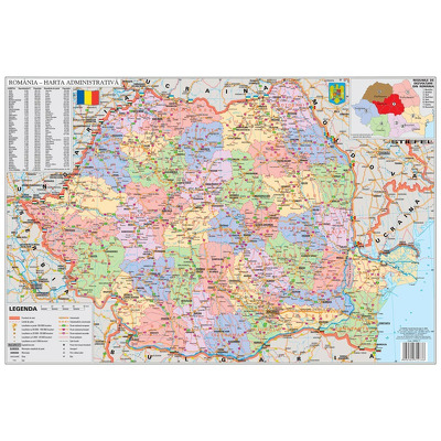 Mapa de birou Romania Administrativa. Dimensiune 70x50cm