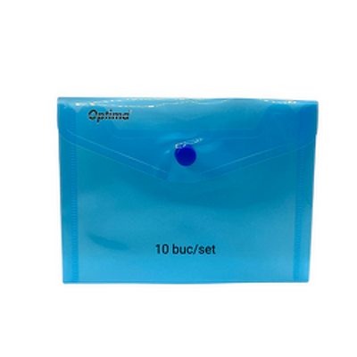 Mapa PP protectie documente A6 landscape, inchidere cu capsa, 10/set, Optima - albastru transparent