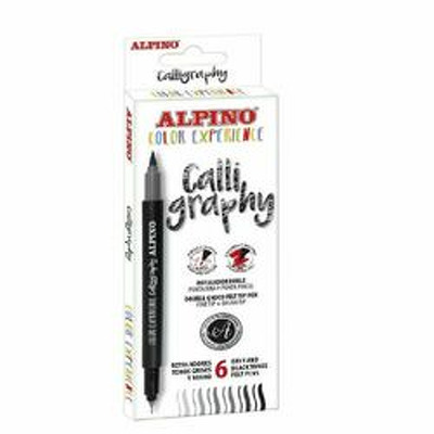 Marker tip pensula cu 2 capete, pentru caligrafie, varf fine, 6 culori/set, ALPINO Color Experience