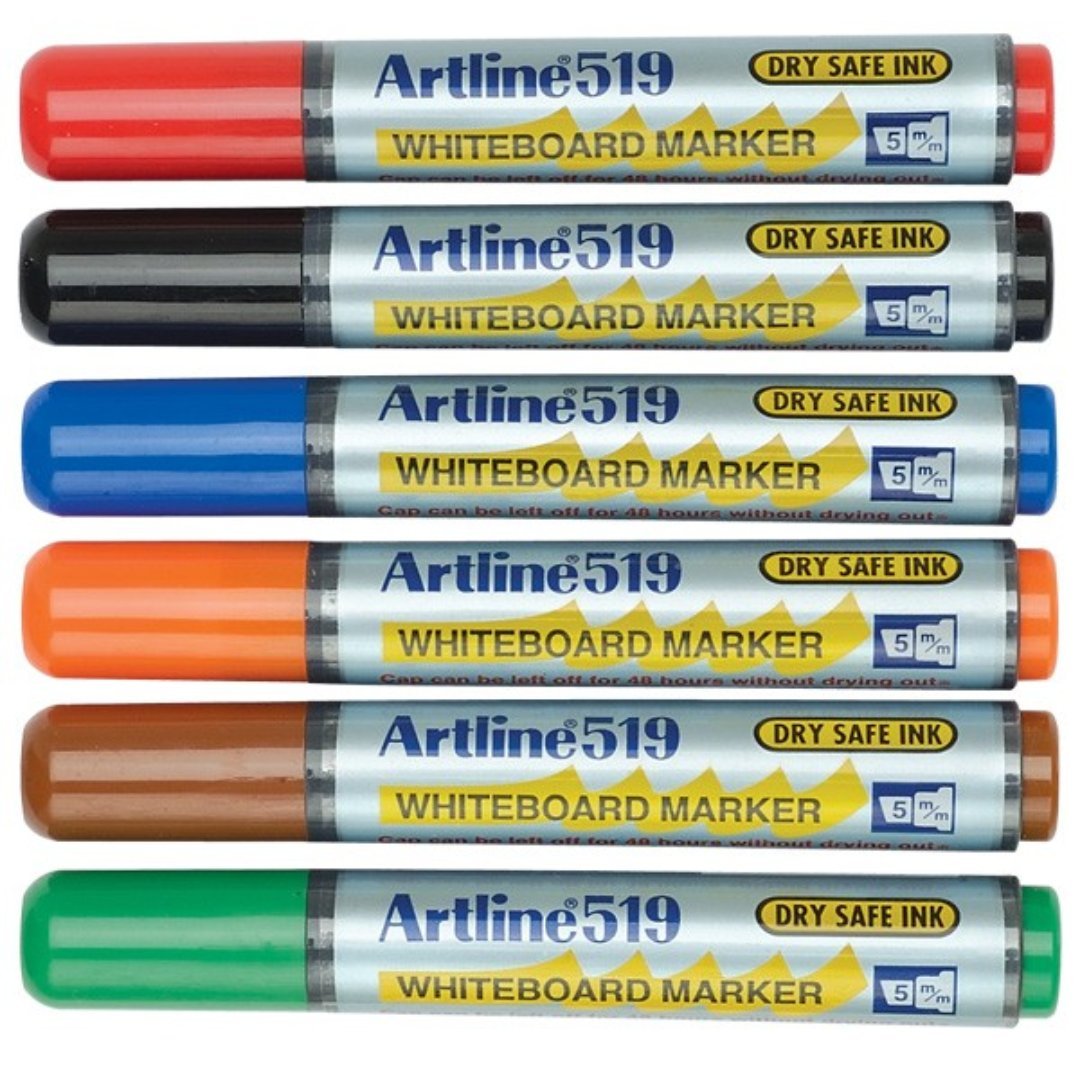 Marker pentru tabla de scris Artline 519 - Dry safe ink, varf rotund 5.0mm, 6 culori/set