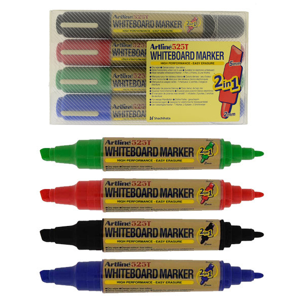 Marker pentru tabla de scris cu doua capete - varf rotund 2.0mm/tesit 5.0mm, 4 culori/set