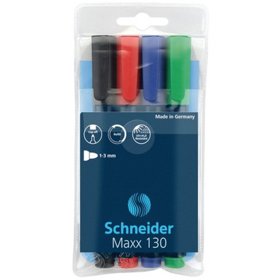 Marker permanent varf rotund 1-3mm, 4 culori/set - (N, R, A, V),  Schneider