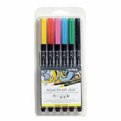 Markere Aqua Brush Duo, 2 capete (brush plus 1mm), 6 culori intense/blister