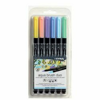Markere Aqua Brush Duo, 2 capete (brush plus 1mm), 6 culori pastel/blister
