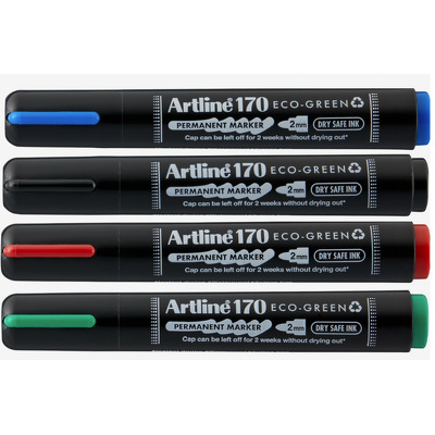 Permanent marker 170 Eco Green - Dry safe 2 weeks, corp plastic, varf rotund 2.0mm, 4 cul/set