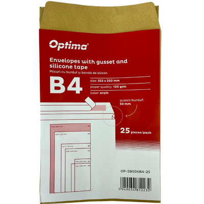 Plic B4 (353x250mm), cu burduf 50mm, lipire siliconica, 25 buc/set, Optima - eco kraft