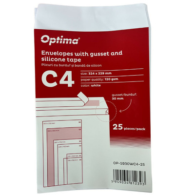 Plic C4 (324x229mm), cu burduf 30mm, lipire siliconica, 25 buc/set, Optima - alb