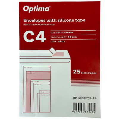 Plic C4 (324x229mm), lipire siliconica, 25 buc/set, Optima - alb