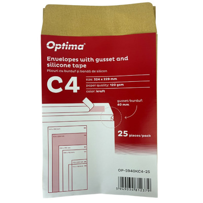 Plic C4 (324x229mm), lipire siliconica, 25 buc/set, Optima - kraft