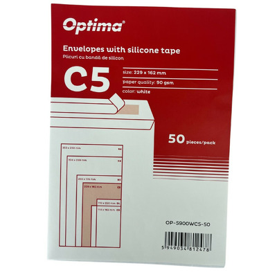 Plic C5 (229x162mm), lipire siliconica, 50 buc/set, Optima - alb
