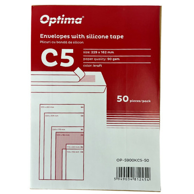 Plic C5 (229x162mm), lipire siliconica, 50 buc/set, Optima - kraft