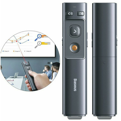 Presenter wireless Baseus ACFYB-0G cu pointer laser si telecomanda, USB, pentru Windows si Mac, design magnetic, gri