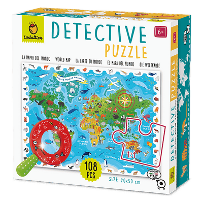 Puzzle Detectiv Harta Lumii cu Animale, 108 piese, +5 ani, Ludattica