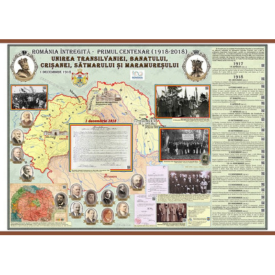 Romania Intregita - Primul Centenar. Unirea Transilvaniei, Banatului, Crisanei, Satmarului si Maramuresului (plansa 1000x700mm), cu sipci