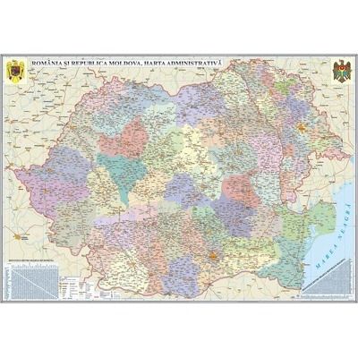 Romania si Republica Moldova. Harta administrativa. Dimensiune 3500x2400 mm