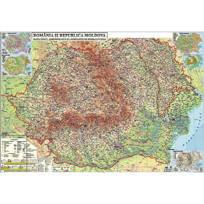 Romania si Republica Moldova. Harta fizica, administrativa si a resurselor (Format: 140x100)