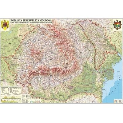 Romania si Republica Moldova. Harta fizica, administrativa si a substantelor minerale utile. Dimensiune 3500x2400 mm