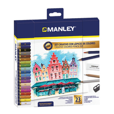 Set creioane colorate-Manley, culori asortate, ascutitoare radiera incluse, 23 culori/set