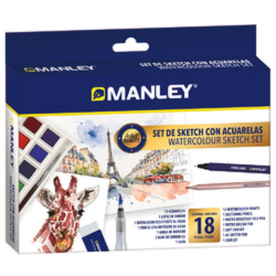 Set de desen Manley, contine 12 culori pastile compacte, pix de stergere blender